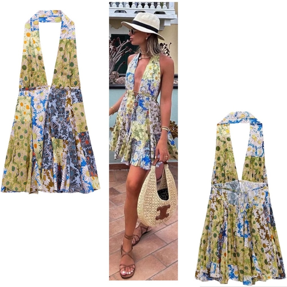 Zara Floral Daisy Printed Halter Mini Dress Size XL Bloggers Bohemian Holiday